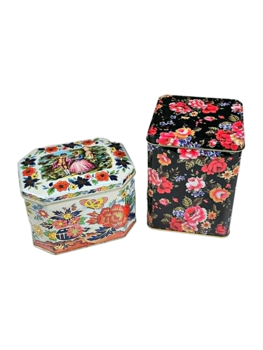 Vintage Floral Tin Lot Daher England Octagon Victorian Couple Black Chintz Rose
